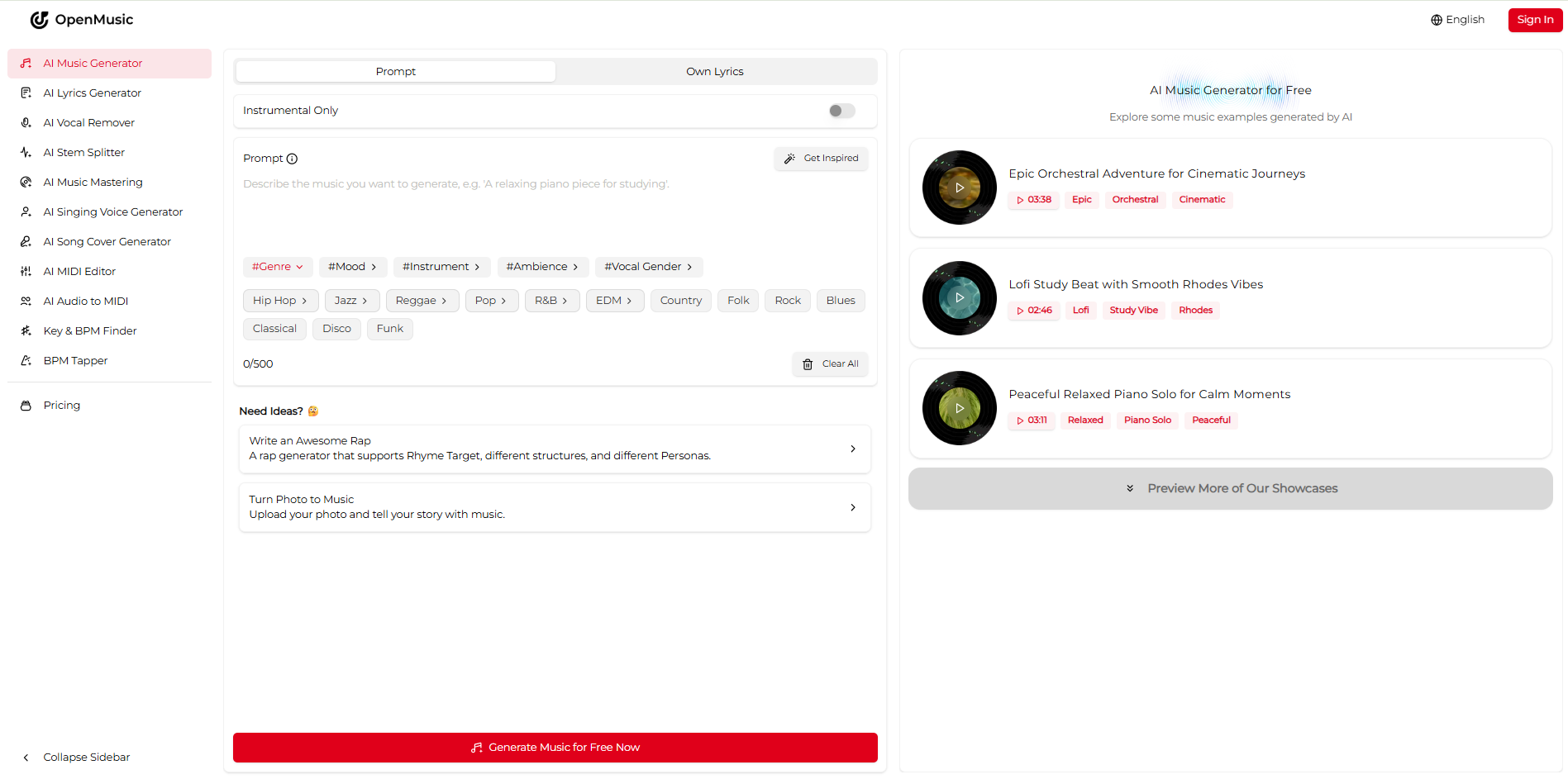 AI music generator interface